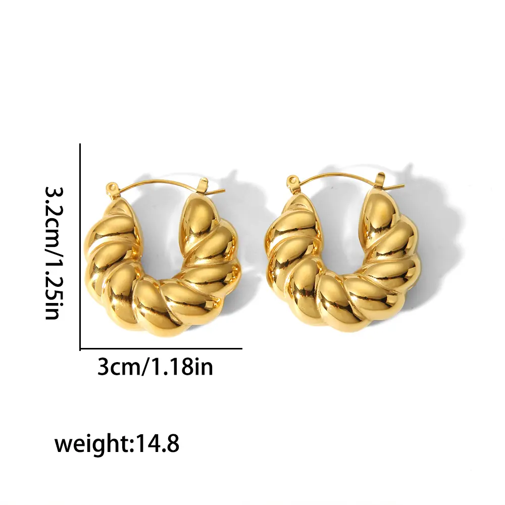 1 paire de boucles d'oreilles pour femme en acier inoxydable plaqué or 18 carats en forme de C tressées épaisses de style classique h5 Image2